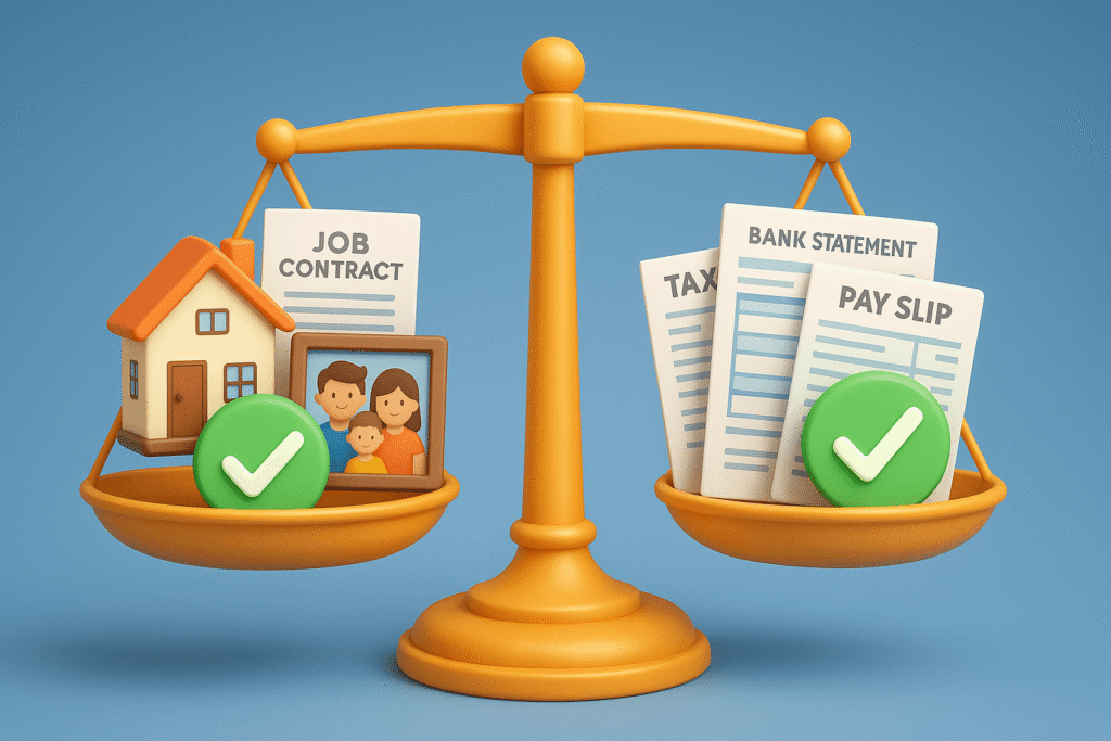 a balance scale. On one side: house, job contract, family photo. On the other side: bank statements, tax forms, pay slips.