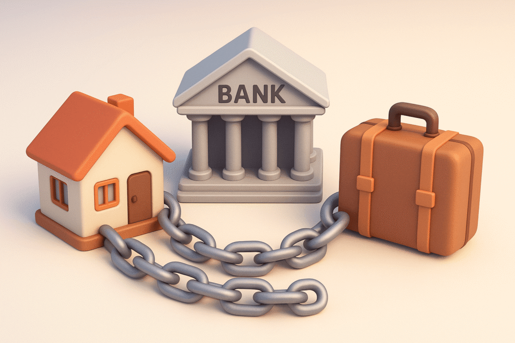 illustration of a house, bank building, and suitcase chained together, symbolising strong ties to home country