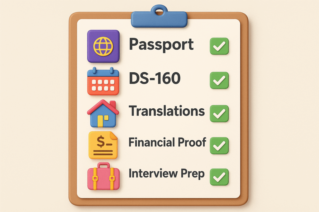 clipboard checklist. Each item (Passport, DS-160, Translations, Financial Proof, Ties, Itinerary, Interview Prep) is displayed with oversized colourful icons (passport, calendar, house, bank statement, suitcase).