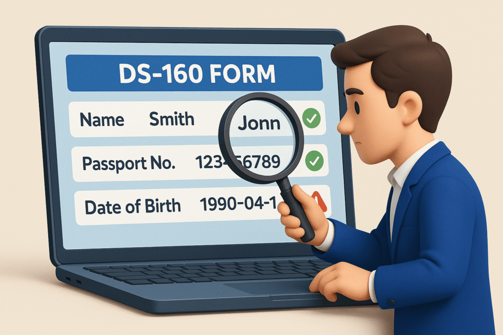 large digital DS-160 form displayed on a laptop screen. A character with a magnifying glass is carefully checking details like name, passport number, and date of birth. Green check marks appear next to correct entries, while red warning icons highlight typos.