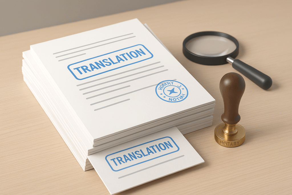 stacked documents with translation stamps, magnifying glass, and a notary seal stamp