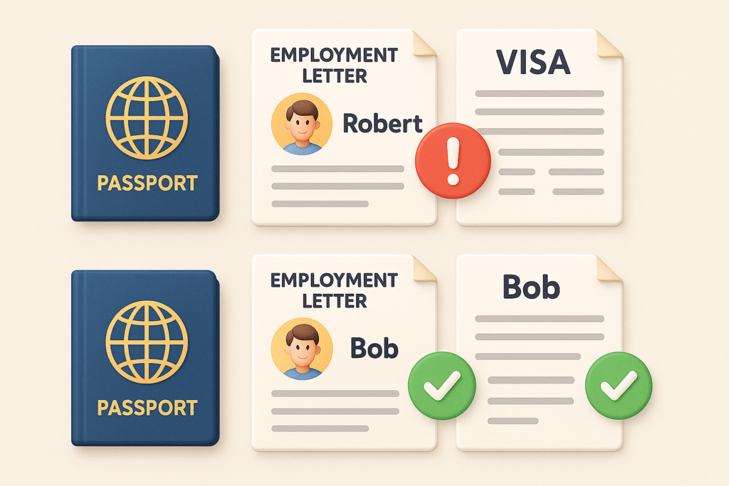 three documents side-by-side: a passport, an employment letter, and a visa form. One shows “Robert,” another “Bob,” with a red exclamation icon connecting the mismatch. A corrected version below shows all names aligned with green ticks
