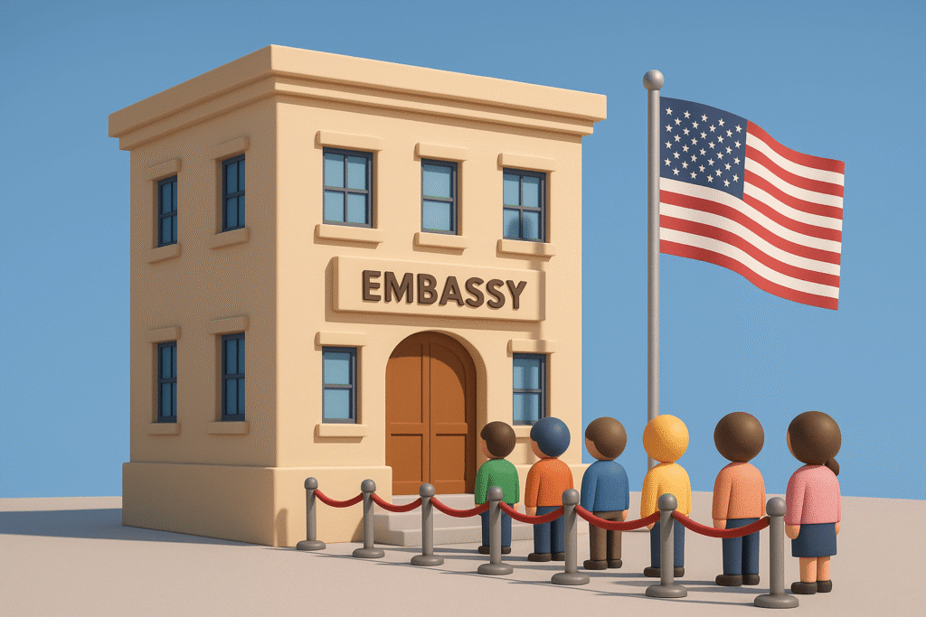 embassy building exterior with a large US flag and a queue system outside