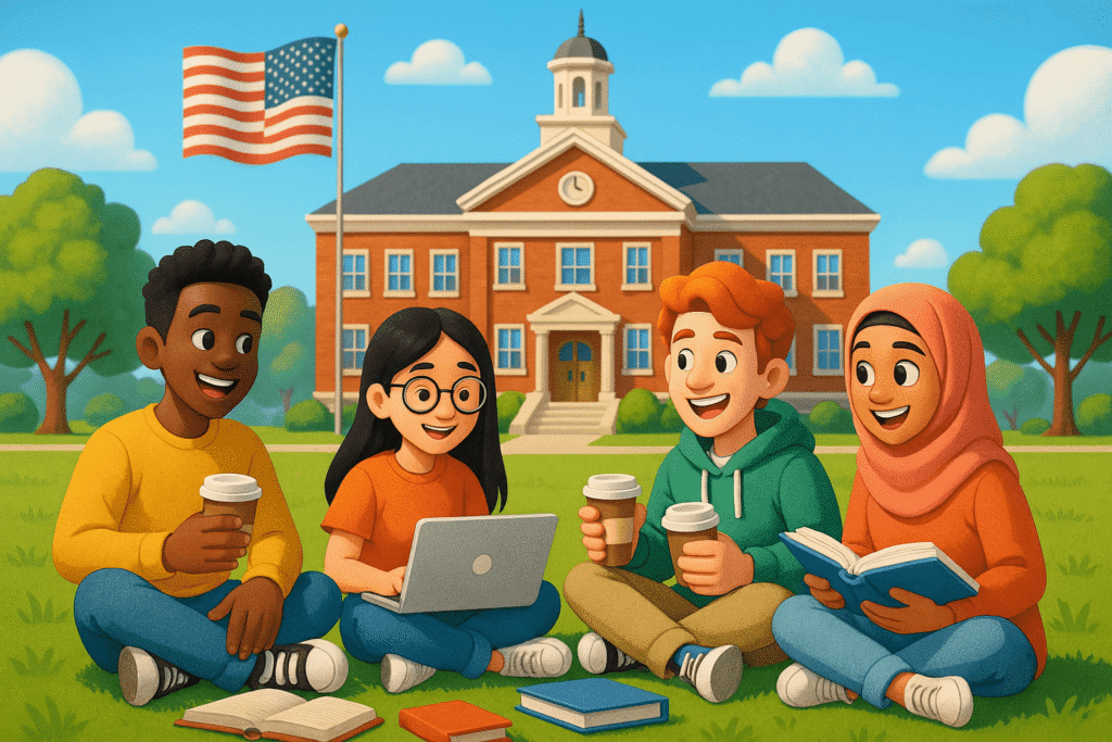 scene of diverse international students sitting together on a grassy US university campus. They have books, laptops, and coffee cups, with a big red-brick college building and waving US flag in the background.