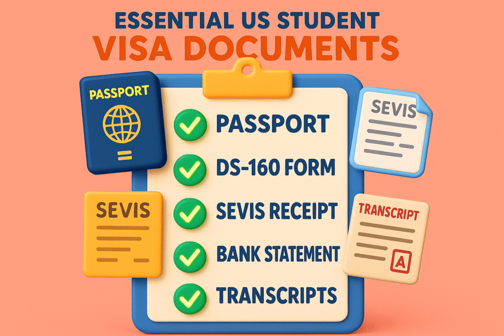 essential US student visa documents: a passport, DS-160 form, SEVIS receipt, bank statement, and transcripts.