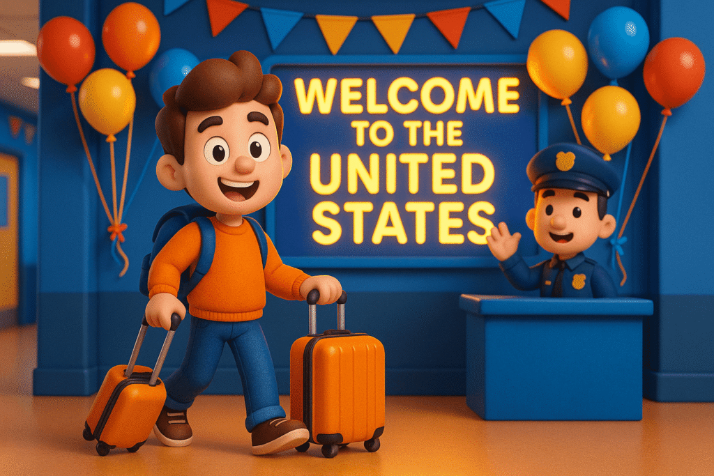 student with backpack and suitcase arriving at a US airport. The “Welcome to the United States” sign glows in the background with balloons and banners, while an immigration officer waves hello