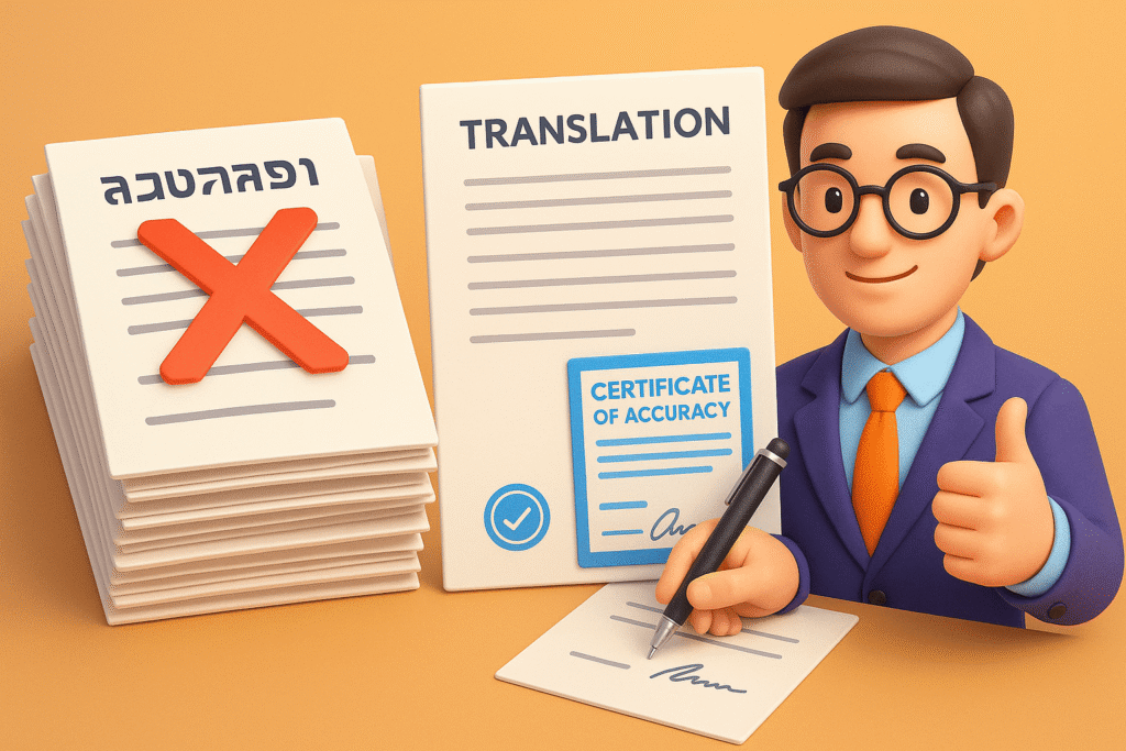 stack of foreign documents on the left (with visible non-English text and red “X”), and on the right the same documents neatly translated into English with a blue certificate of accuracy attached, stamped and signed. A translator character with glasses is shown approving the documents.