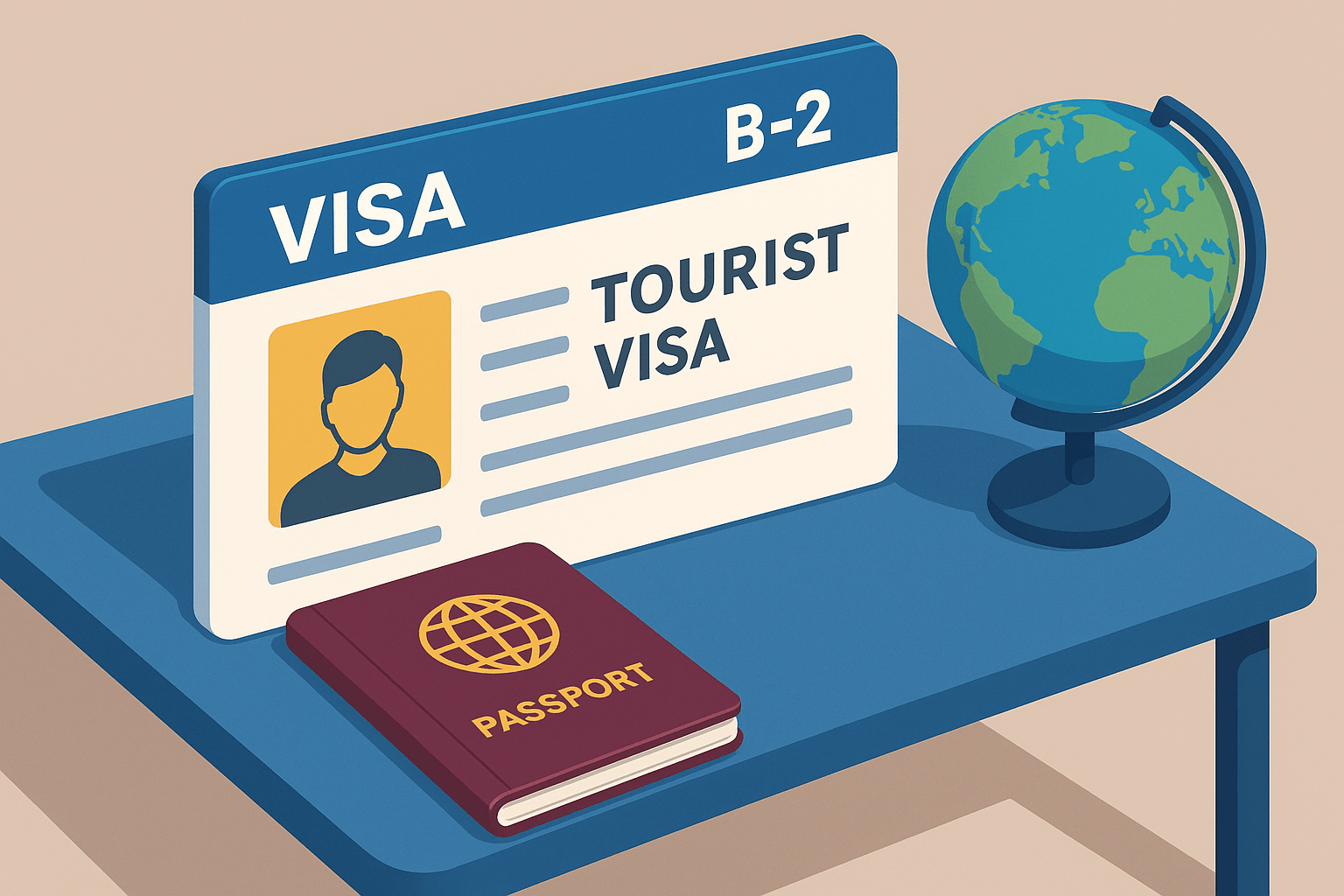 illustration of a large B-2 tourist visa card on a desk, with a passport and globe beside it, modern flat-3D style, vibrant but professional colours, no people