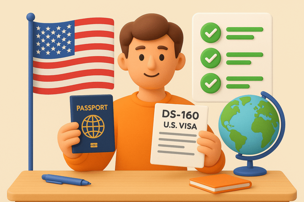 a traveler at a desk preparing a US visitor visa application. The traveler holds a passport and DS-160 form, while a checklist hovers in the background with green check marks. A large US flag and a globe are subtly in the background to represent travel