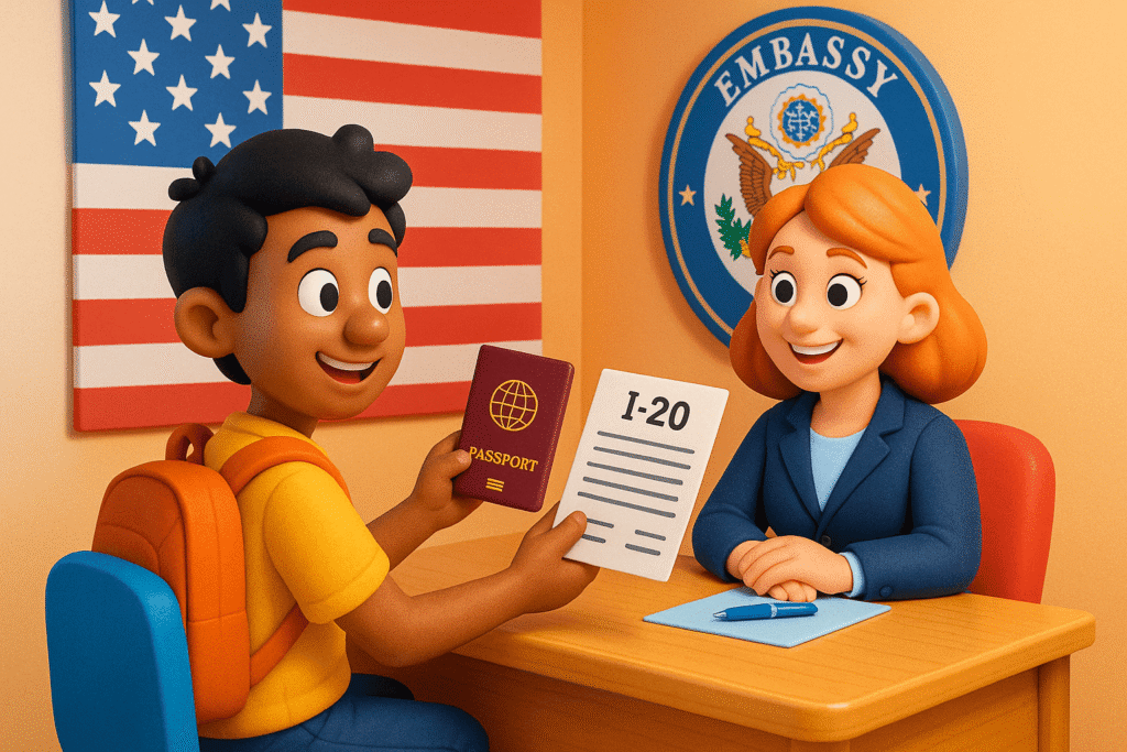 student sitting at a US embassy interview desk, holding a passport and I-20 form. The visa officer smiles across the desk, with a big American flag and embassy logo in the background.