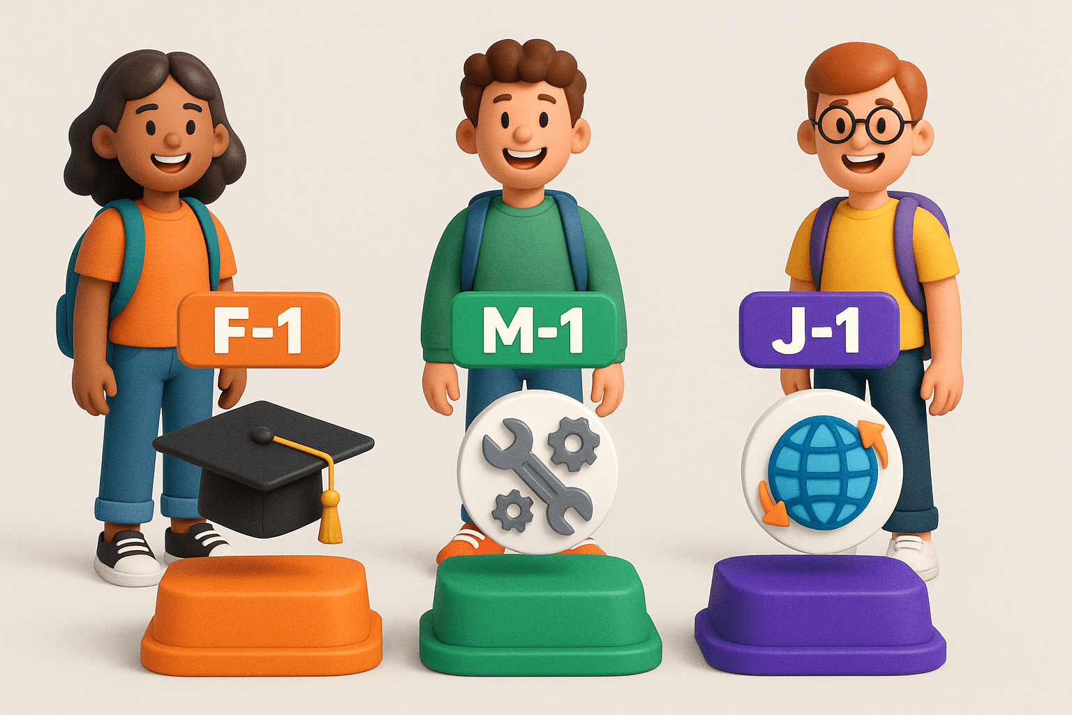 comparing three visa types: F-1 with a graduation cap icon, M-1 with tools/gear icon, J-1 with globe/exchange arrows.