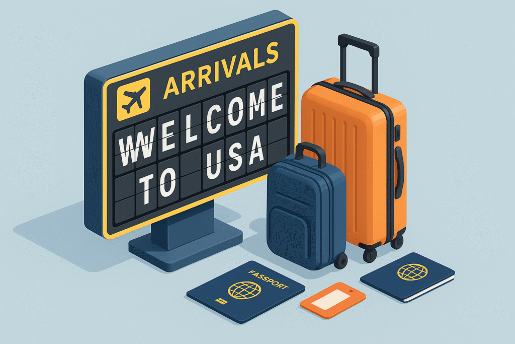 airport arrivals board showing ‘Welcome to USA’, with luggage and a passport beside it