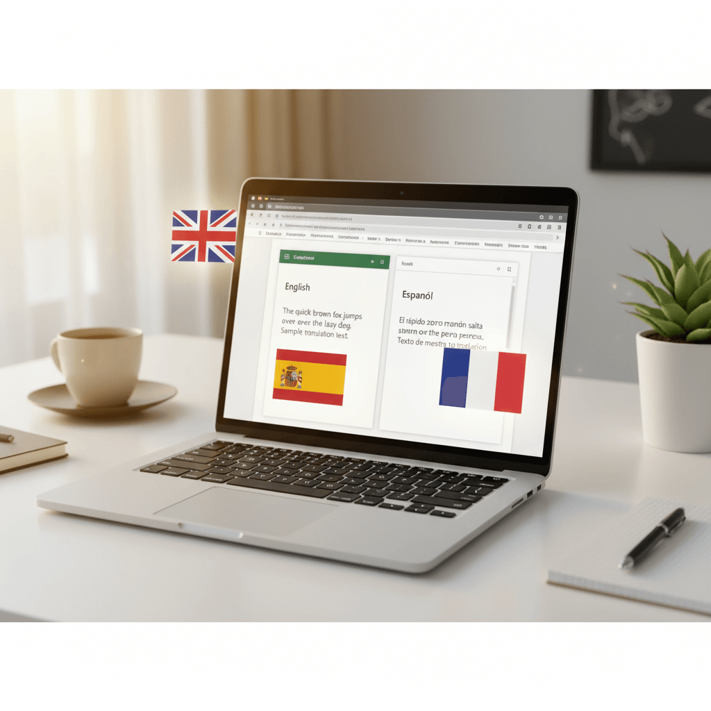 A horizontal banner showing a Word document being translated with language flags and a computer setup in a modern workspace.