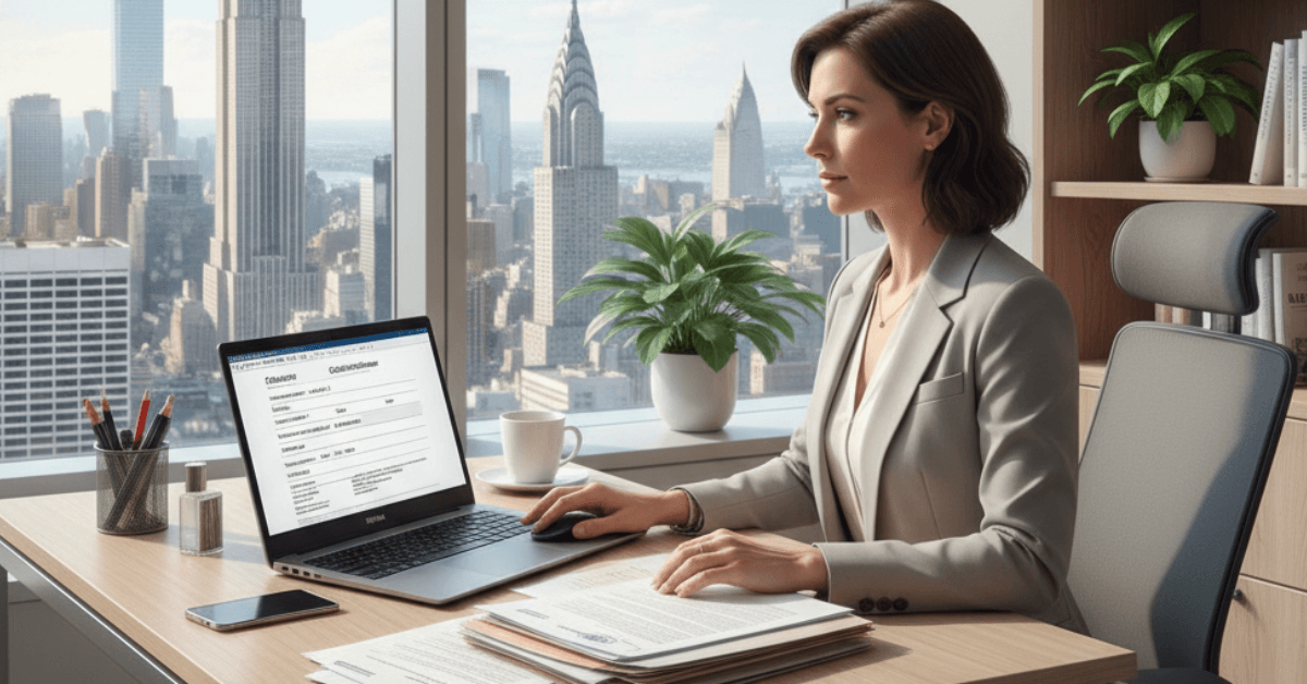 A professional translator working on certification documents with the New York City skyline in the background.
