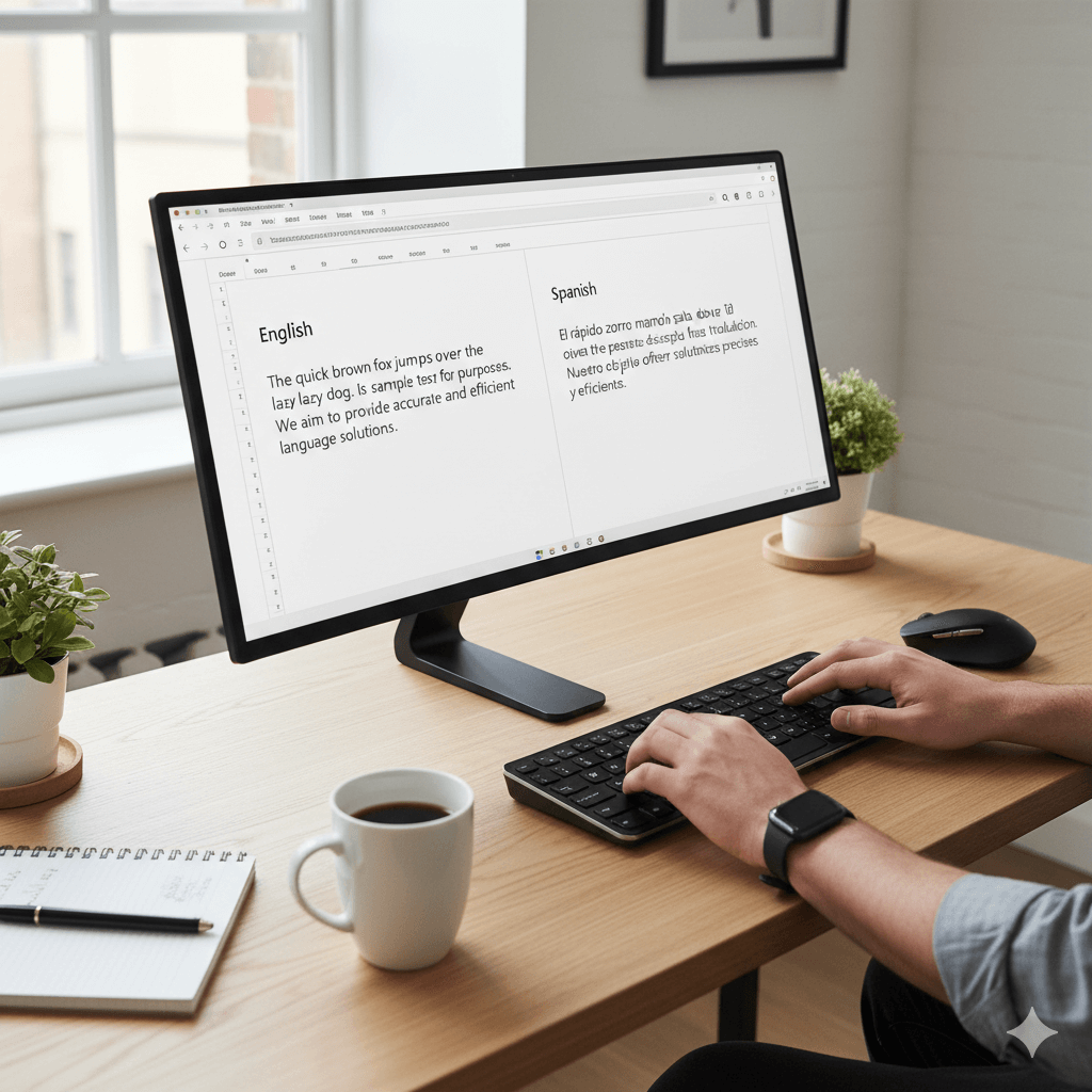 A translator working on a Word document translation on a laptop, showing English and Spanish text side by side.