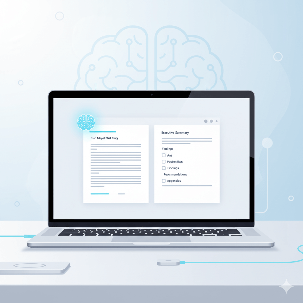 AI translating a Vietnamese document to English on a laptop, professional setting