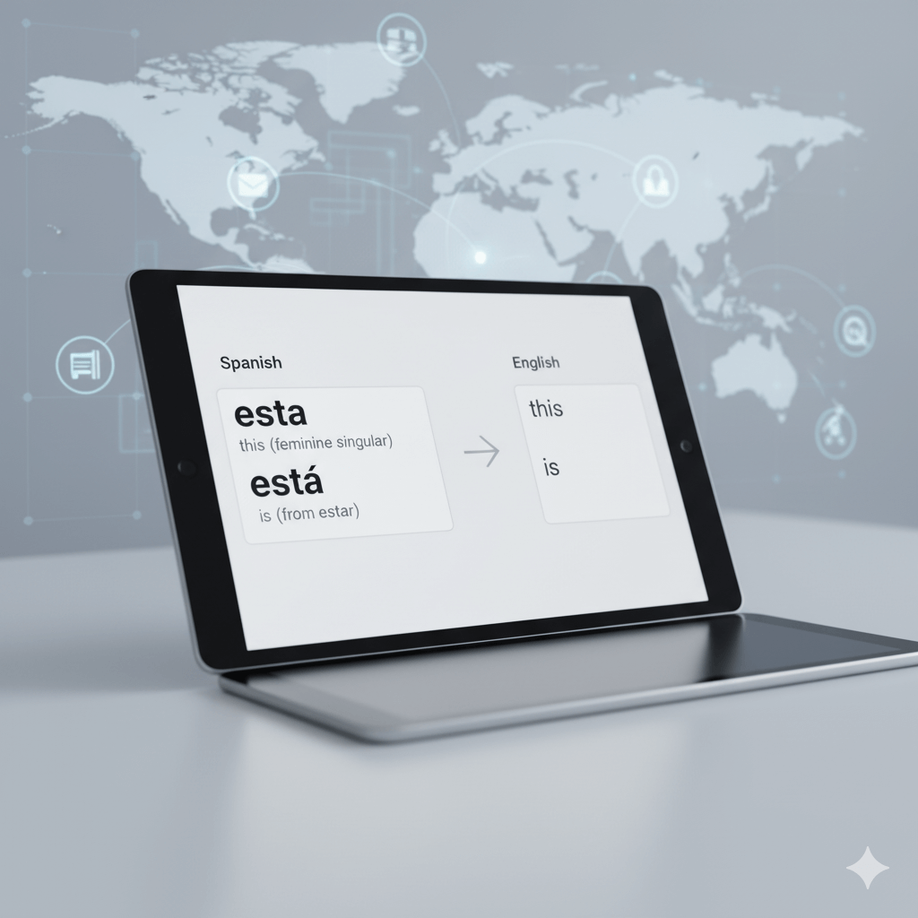 Banner showing translation of Spanish word 'esta' into English with bilingual dictionary and global language icons