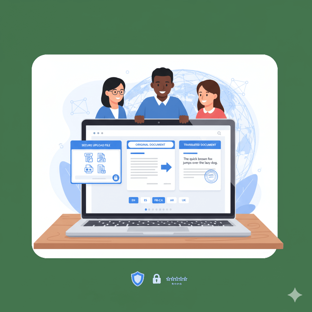 Best online document translation services – secure upload, certificate stamp, language tabs for business document translation.