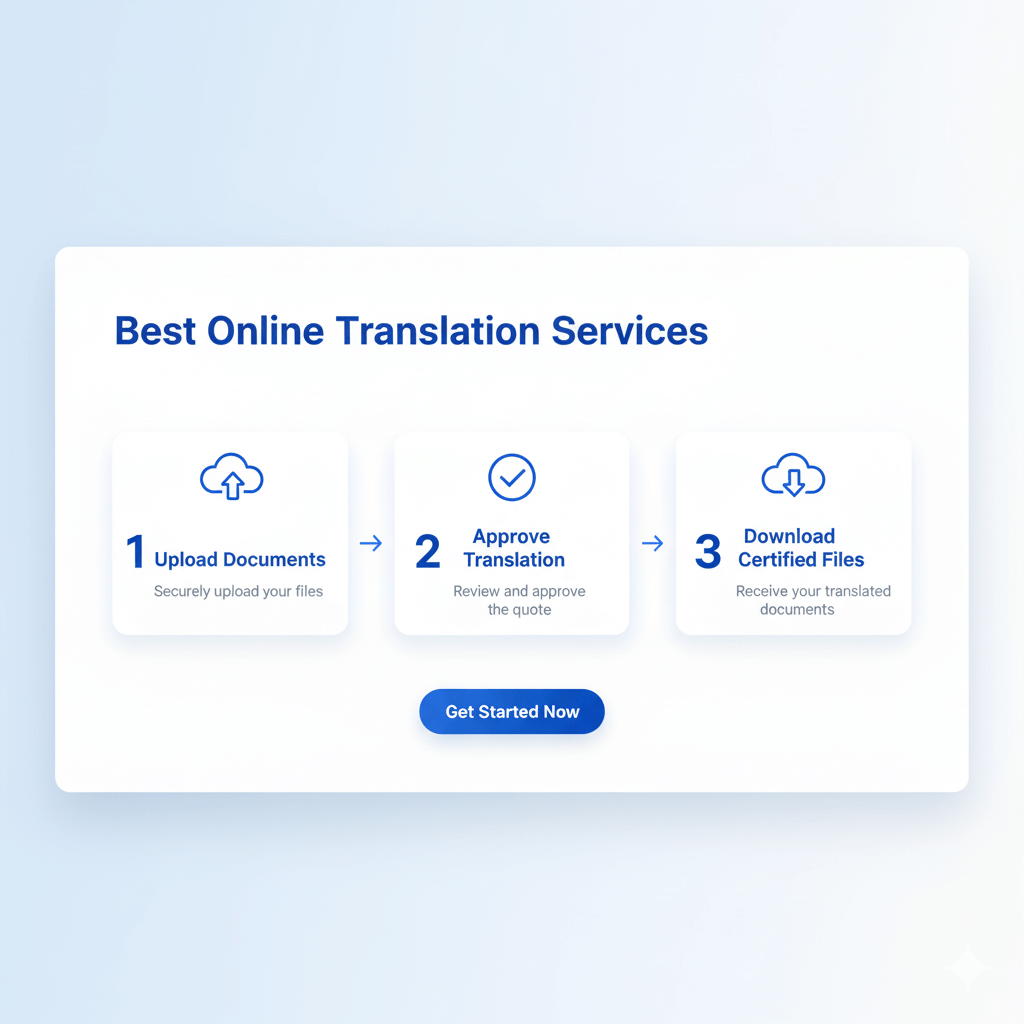 Best online translation services — three-step upload and download process visual for USCIS-certified translations.