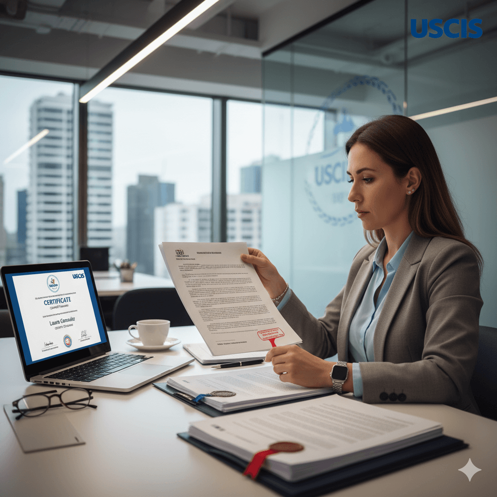 Best translation services — professional linguist reviewing certified USCIS documents at a desk.