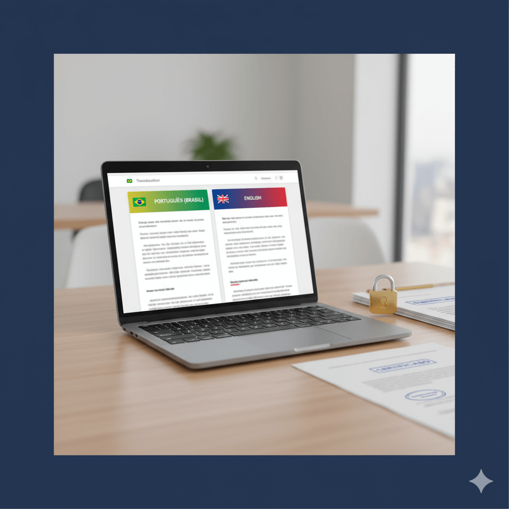 Brazil language converter hero showing Brazilian Portuguese to English academic document translation on a laptop, with secure and professional styling
