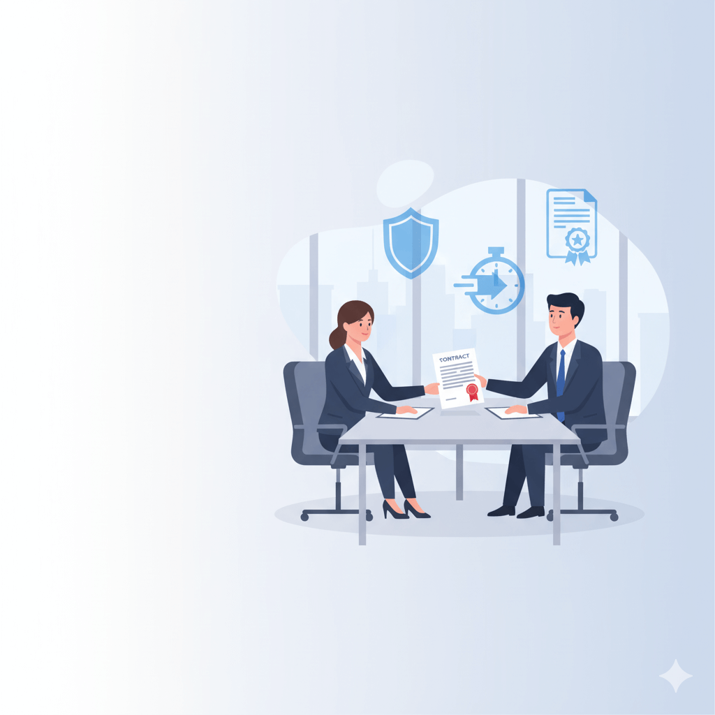 Business professionals exchanging a translated contract with legal translation icons