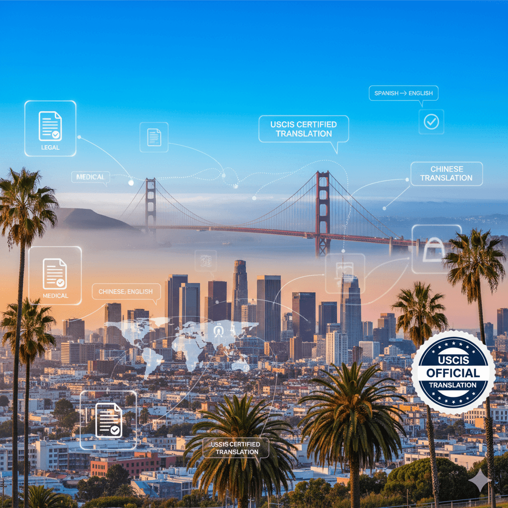 California skyline with translation icons and USCIS-certified agency theme — banner for translation agencies in California.”
