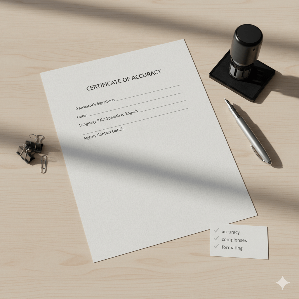 Certificate of translation accuracy on a tidy desk with stamp, pen and checklist, representing official translator certification