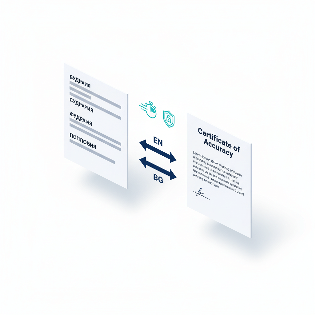 Certified Bulgarian to English translation with EN ↔ BG arrows, fast service and secure icons