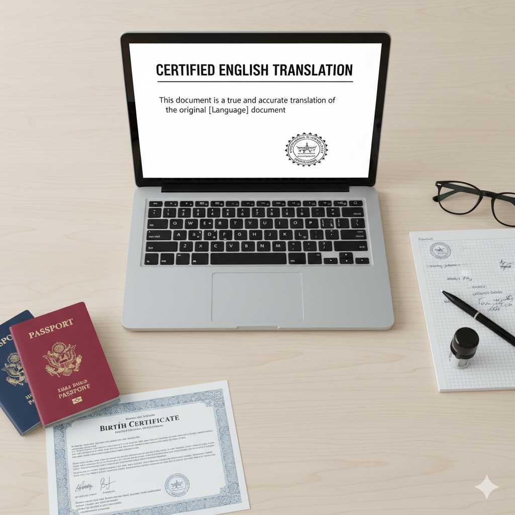Certified document translation workspace — translate documents to English near me, USCIS-approved service.