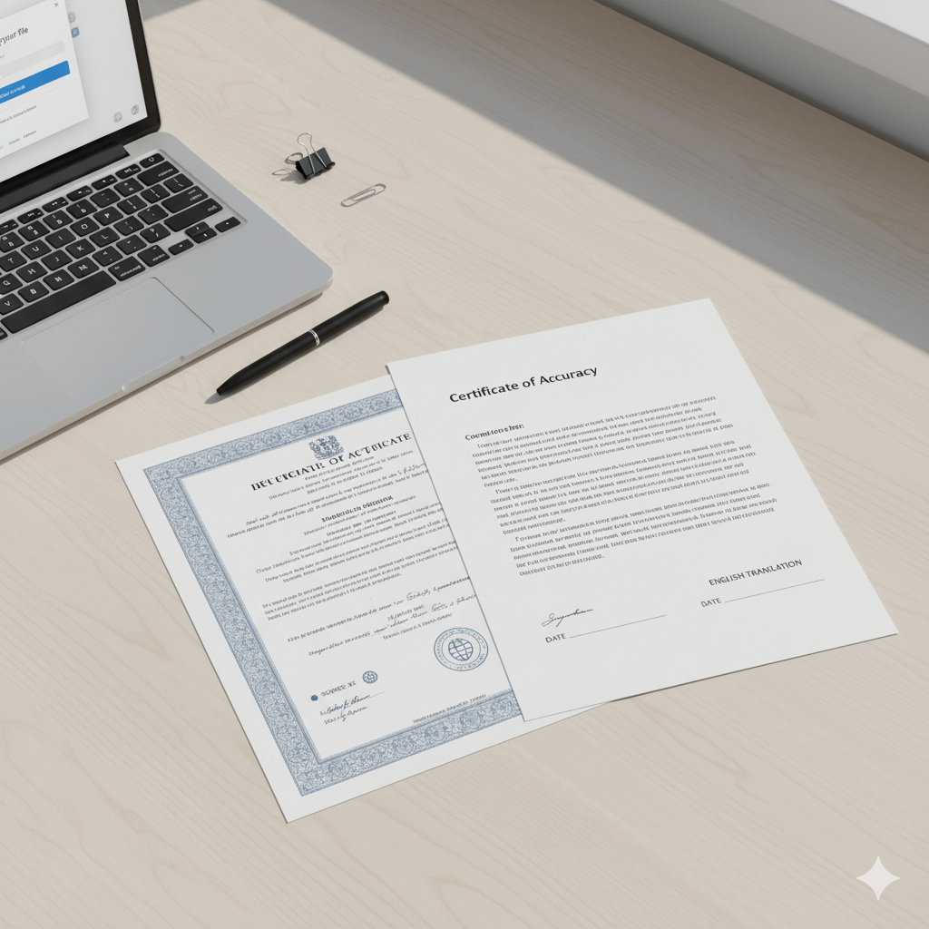 Certified legal document translation flat-lay for immigration with Certificate of Accuracy and secure upload—best translation services company.