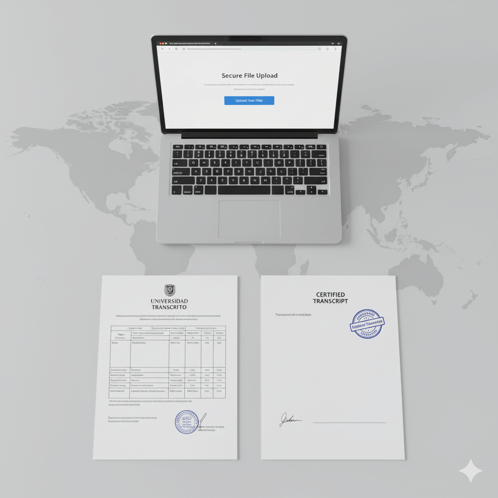 Certified transcript translation services — original transcript next to English translation with stamp, signature, and secure upload on laptop.