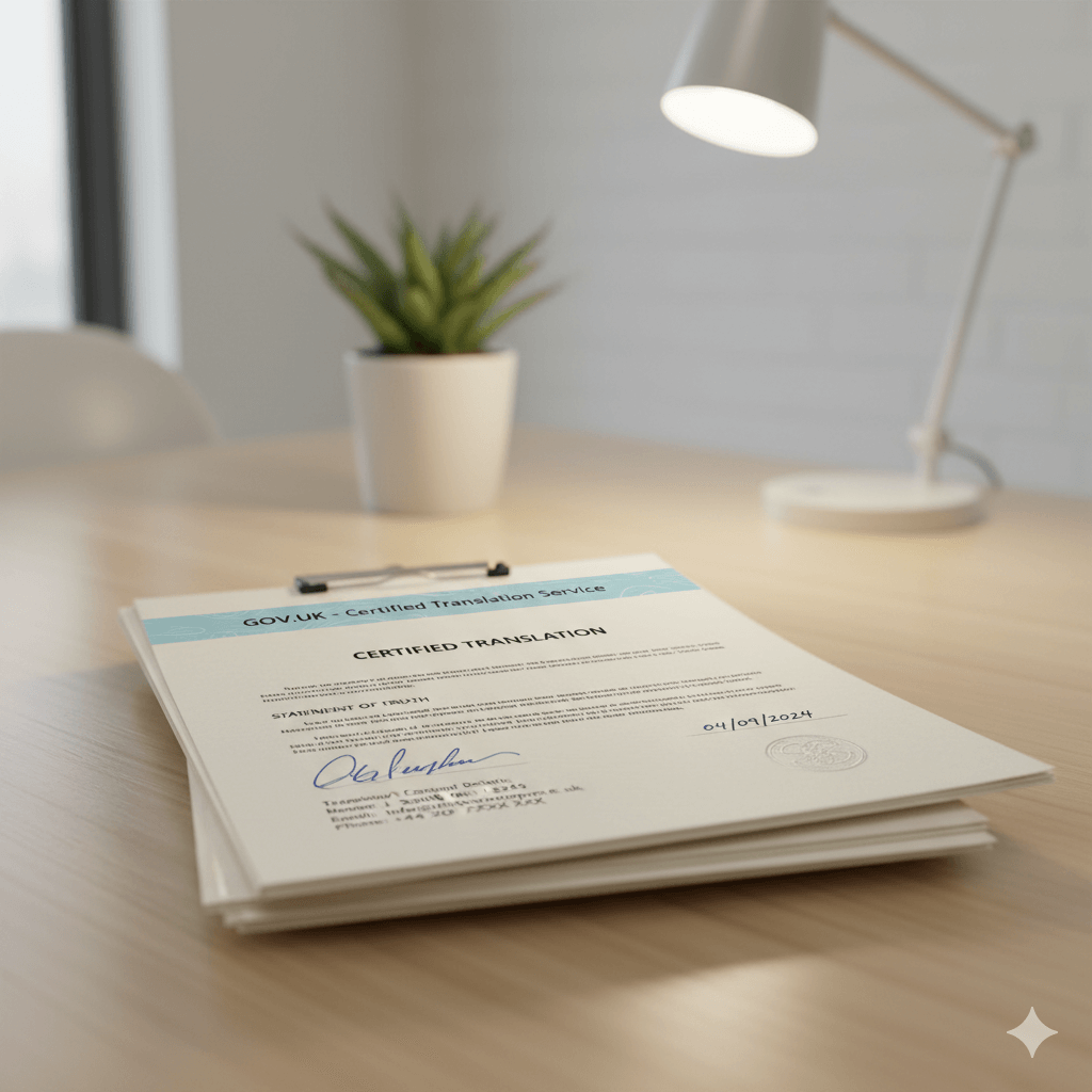Certified translation document pack with visible signature date on a desk