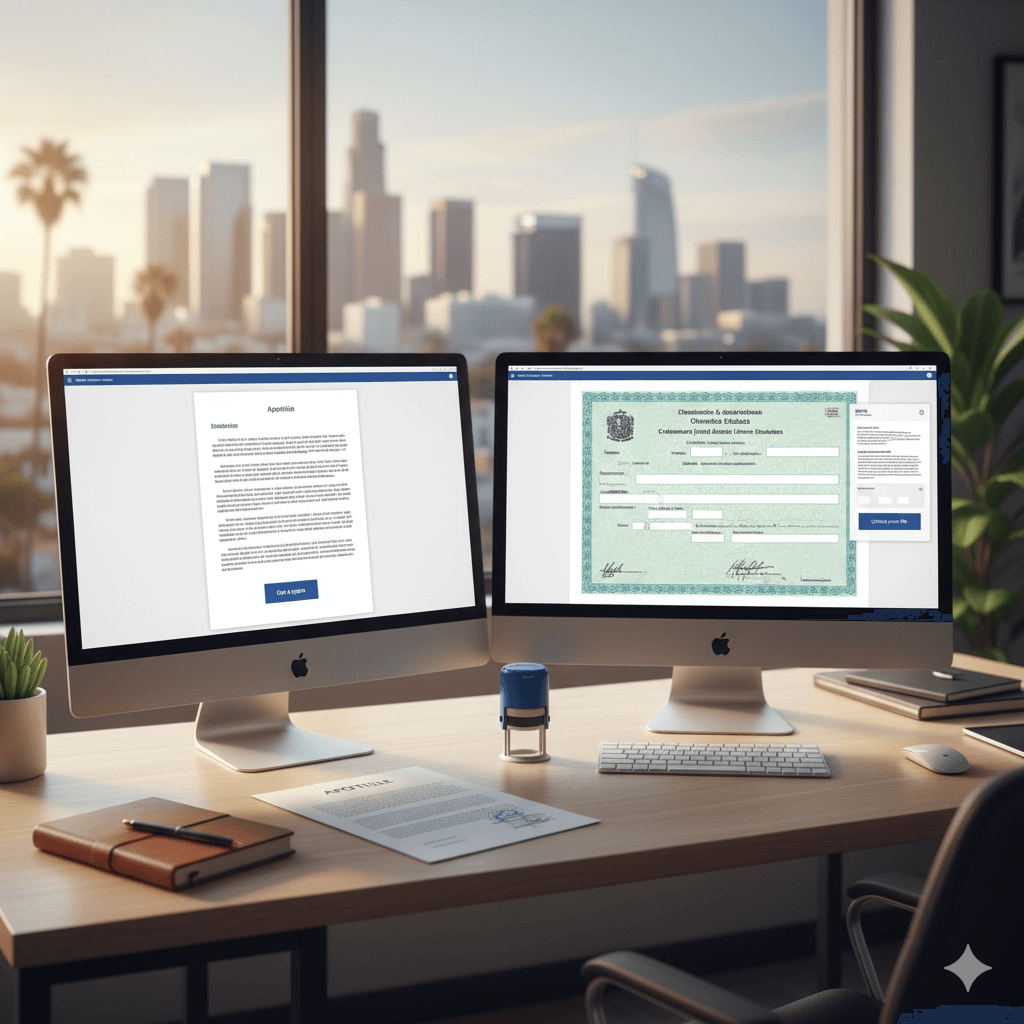 Certified translation services Los Angeles — translator reviewing Spanish to English documents with apostille in a downtown LA office