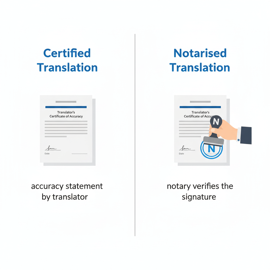 Certified translation versus notarised translation — side-by-side comparison explaining the difference.