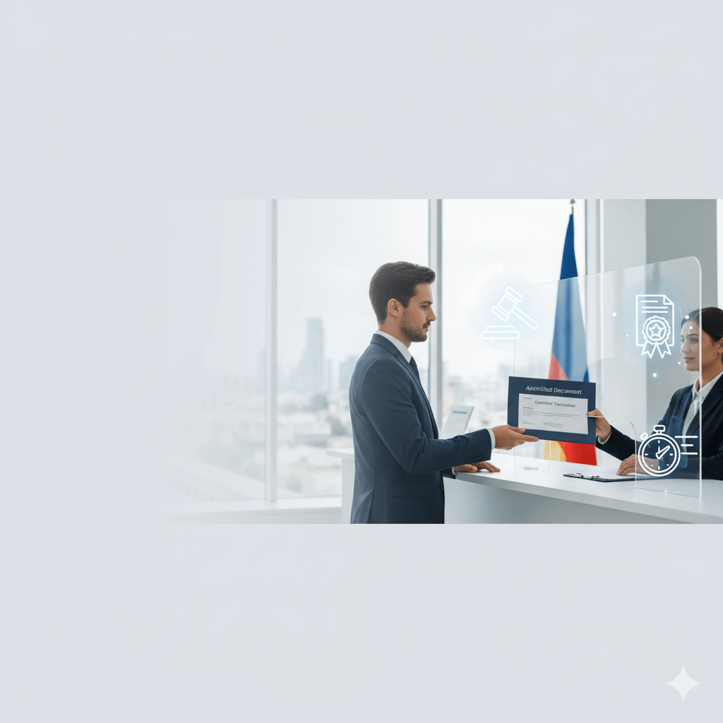 Client submitting apostilled and translated documents at a consulate counter