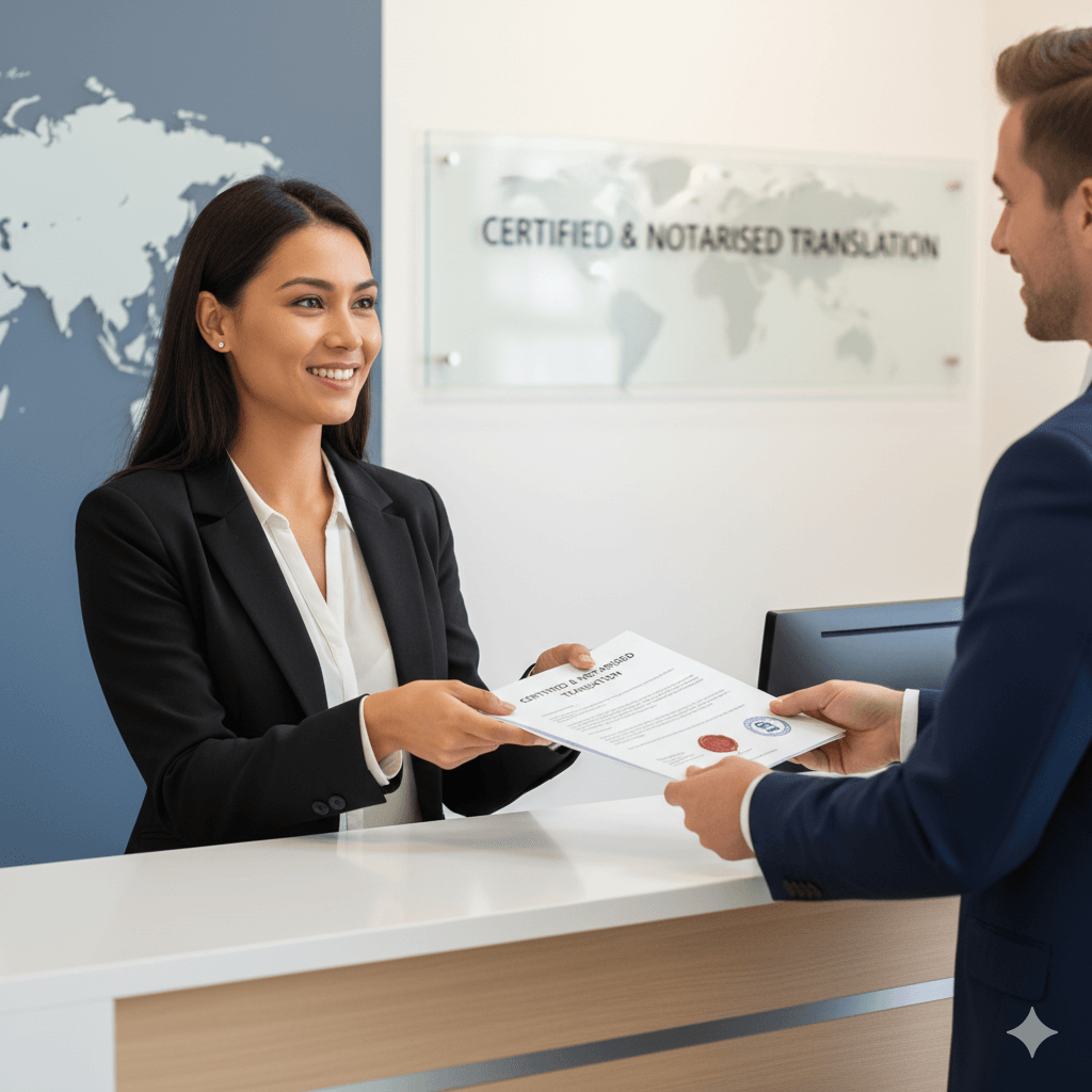 Client submitting certified and notarised translation at local translation office.