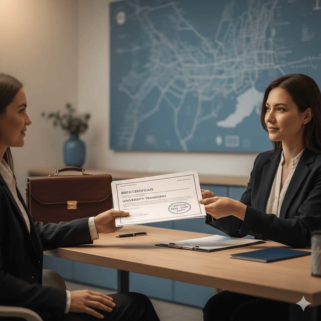Client submitting documents for certified translation in a New York office reception with discreet, professional service setting.