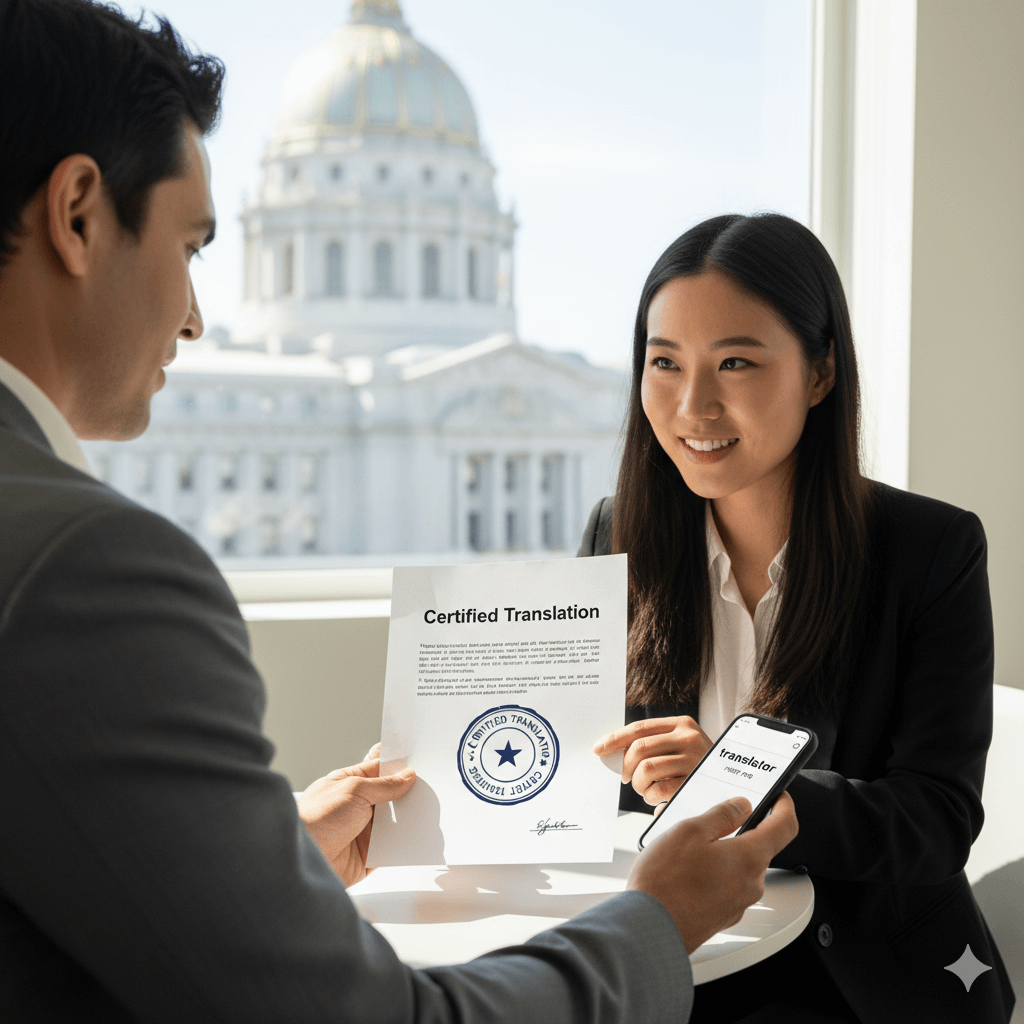Client with translator near me in San Francisco reviewing a certified translation for USCIS.
