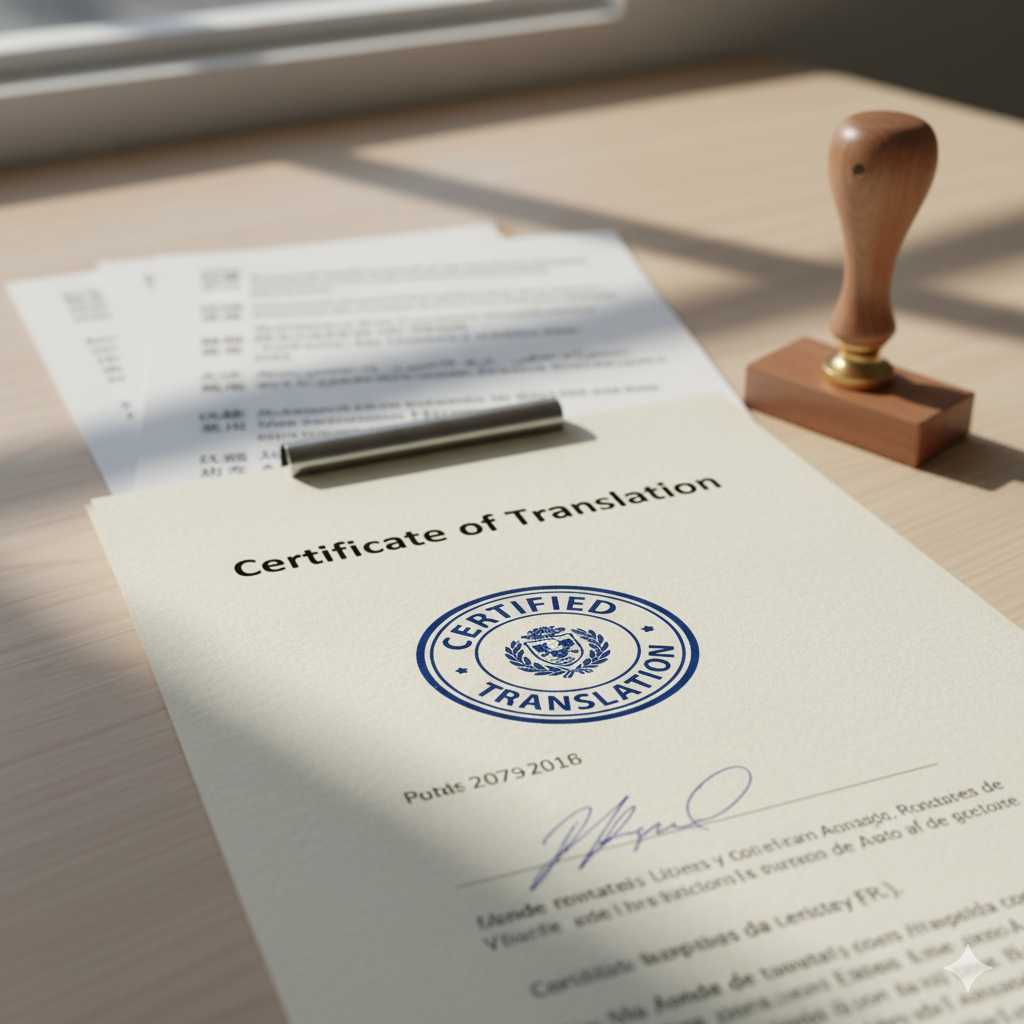 Close-up of a certified document translation with blue stamp, signature, and multilingual pages in the background.