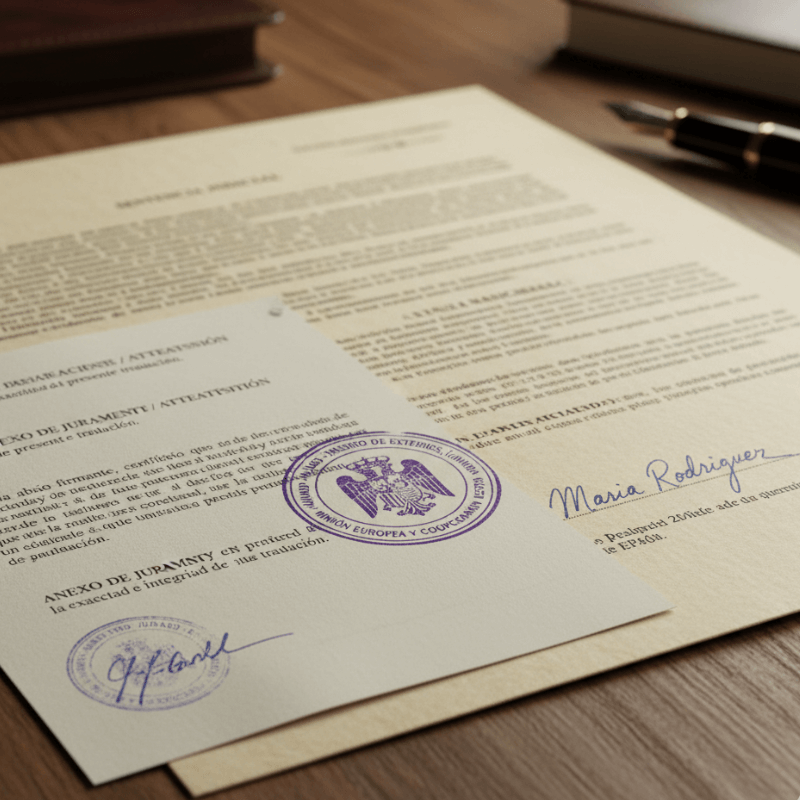 Close-up of a sworn translation with official stamp, signature, and oath page in French or Spanish