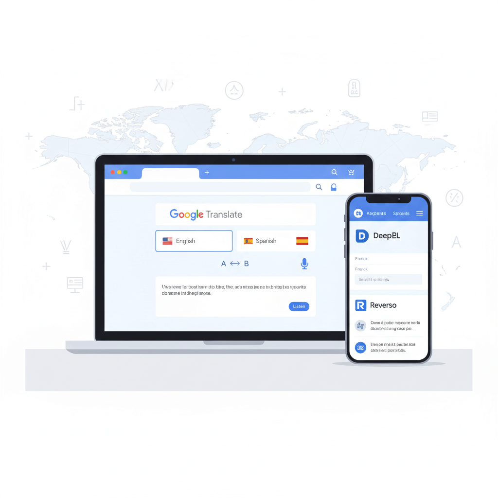 Comparison of top translation websites including Google Translate, DeepL, and Reverso – illustration showing multilingual tools on laptop and smartphone.