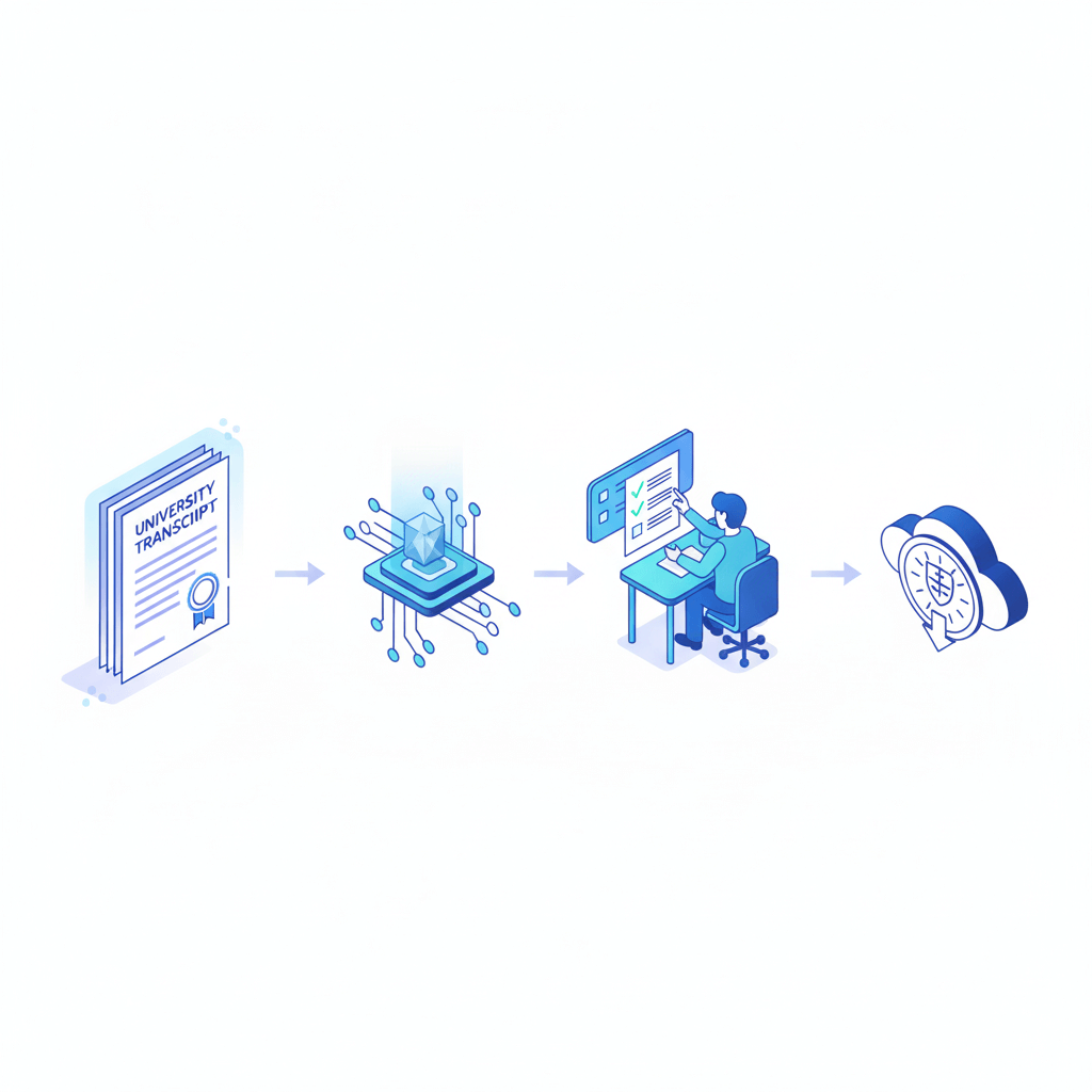 Deep learn translate workflow—AI draft, human review, certified academic transcript, secure delivery.