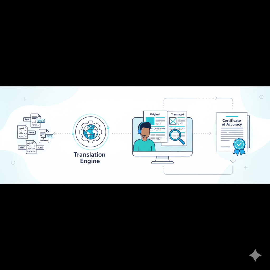 Document translation software workflow—files to translator to certified output.