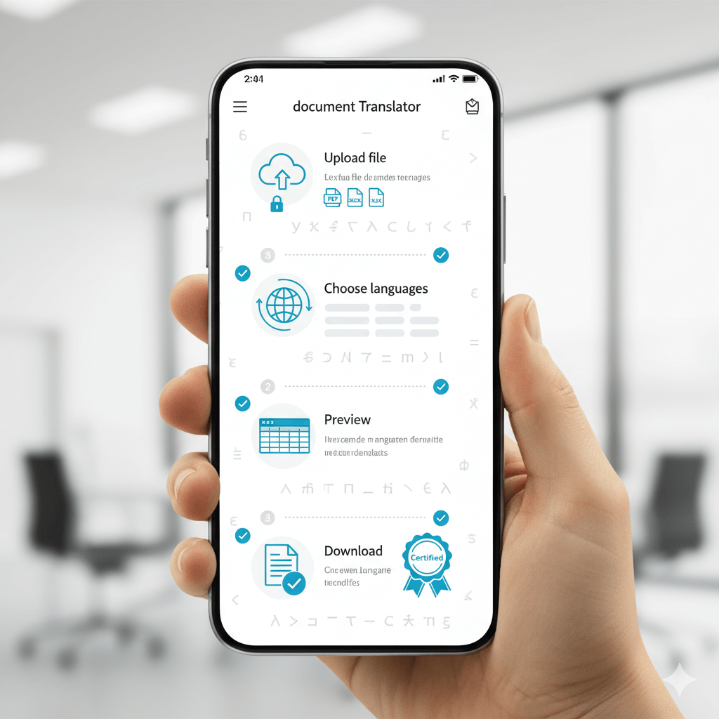Document translator app on mobile with secure upload and certified results, including worksheet translate.