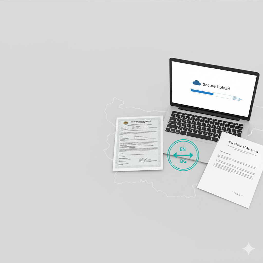 Fast English to Bulgarian translation hero: secure upload on laptop with Bulgarian document and certified English translation