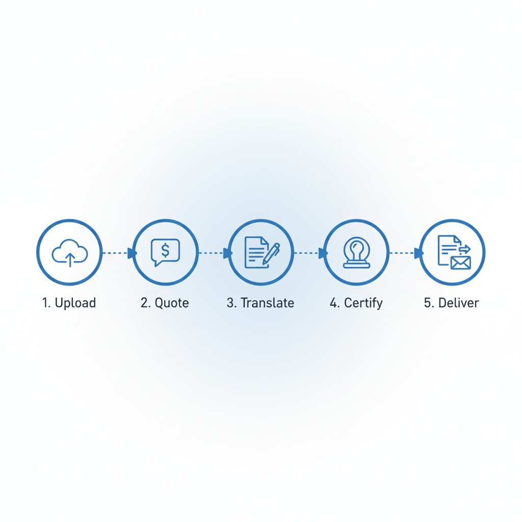 Five-step process graphic for official translation services: Upload, Quote, Translate, Certify, Deliver.