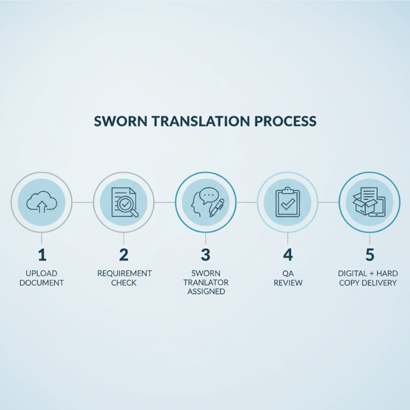 Five-step process graphic for sworn translation from upload to delivery