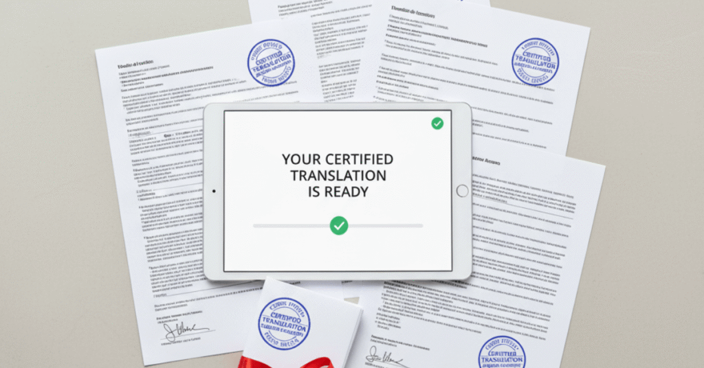 Flat-lay of certified medical translation pack with stamped documents and tablet showing “Your Certified Translation is Ready” message
