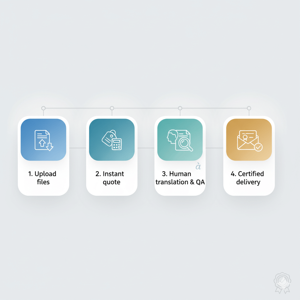 Four-step English to Vietnamese academic translation process infographic (upload, quote, human QA, certified delivery)